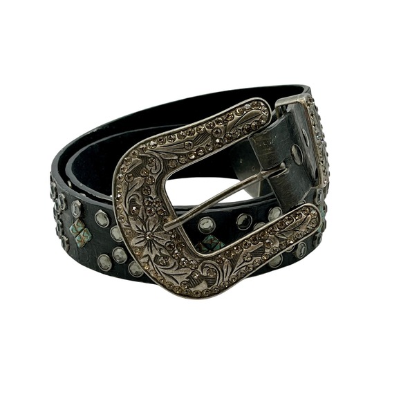 Rhinestone Studded Leather Belt Wm's Large Western Rockabilly Turq. Stones READ - Picture 1 of 11
